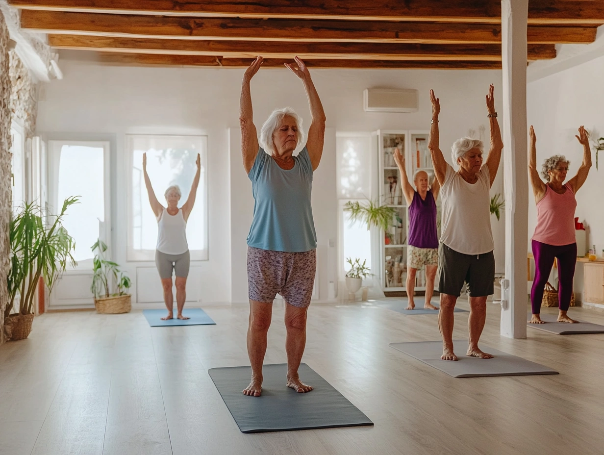 Група людей зрілого віку на груповому занятті йогою